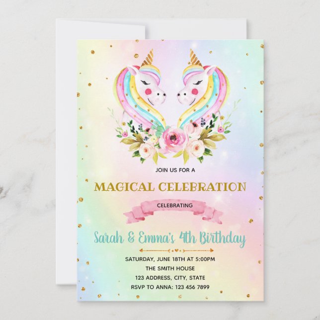 Cute twins unicorn party invitation (Front)