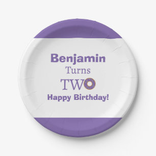 Cute Two 2nd Birthday Doughnut Purple White Party Paper Plate