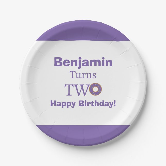 Cute Two 2nd Birthday Doughnut Purple White Party Paper Plate (Front)