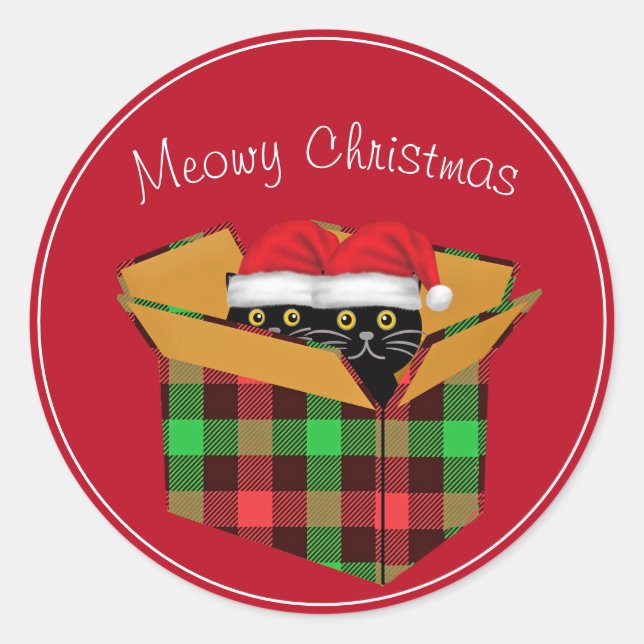 Cute Two Black Cats In Box Meowy Christmas Classic Round Sticker (Front)