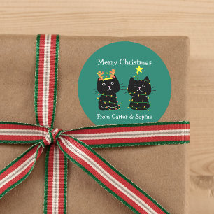 Cute Two Cat Christmas Lights Personalised Gift Classic Round Sticker