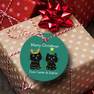 Cute Two Cat Christmas Lights Personalised Green Favour Tags