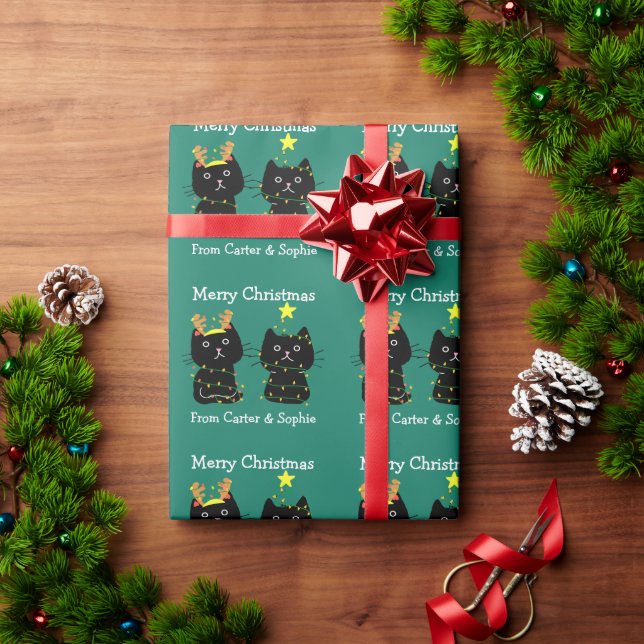 Cute Two Cat Merry Christmas Lights Personalised Wrapping Paper (Holiday Gift)