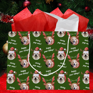 Cute Two Dog Photo Merry Christmas Green Large Gift Bag
