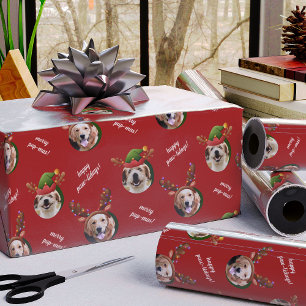 Cute Two Dog Photo Merry Christmas Red Wrapping Paper