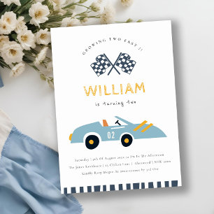 Cute Two Fast Race Car Blue 2nd Birthday Invite