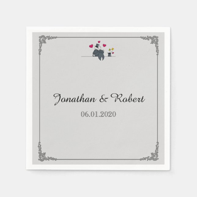 Cute Two Grooms Cartoon Gay Wedding Napkin (Front)