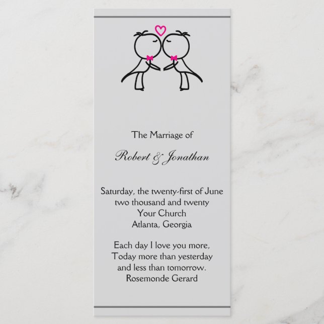 Cute Two Grooms Kissing Gay Wedding Program Programme (Front)