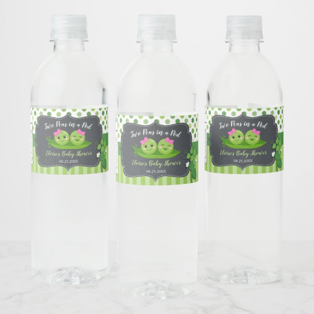 Cute Two Peas in a Pod Girls Twins Baby Shower Water Bottle Label (Bottles)