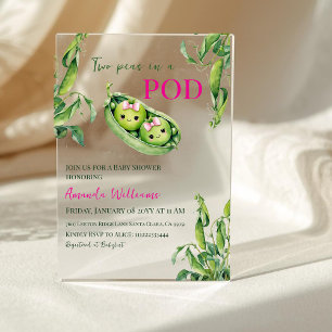 Cute Two Peas in A Pod Pink Girl Twins Baby Shower Acrylic Invitations