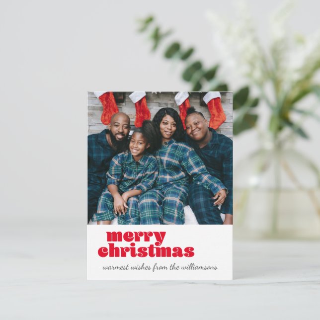 Cute Two Photo Merry Christmas Red Custom Text  Holiday Card (Standing Front)