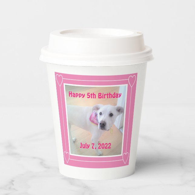 Cute Two Photo Pink Frame Sweet White Puppy Dog Paper Cups (Front)