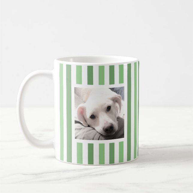 Cute Two Photos Striped White and Sage Green Coffee Mug (Left)