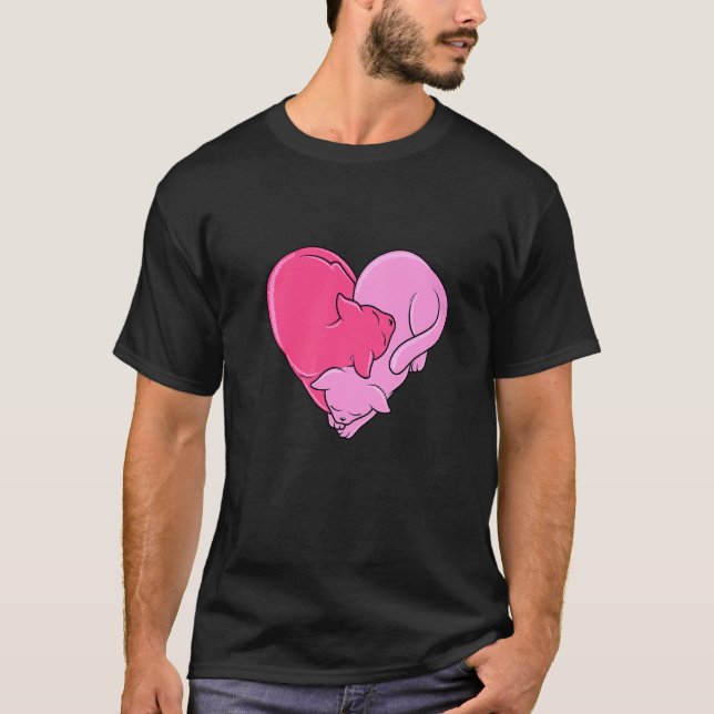 Cute Two Pink Cats Sleeping In Shape Of Heart Cat T-Shirt (Front)