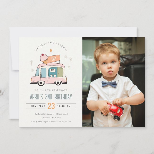 Cute Two Sweet Ice Cream Truck Photo 2nd Birthday Invitation (Front)