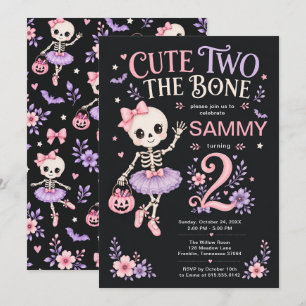 Cute Two the Bone Girl 2nd Birthday Skeleton Invitation