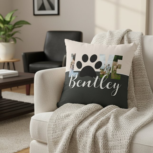 Cute Two Tone Dog Photo Love Paw Print Cushion (Create a cute keepsake of your best friend with this Cute Two Tone Dog Photo Love Paw Print  Pillow!)