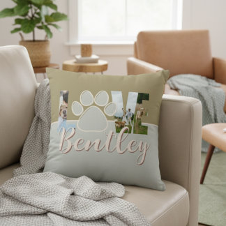 Cute Two Tone Dog Photo Love Paw Print Cushion