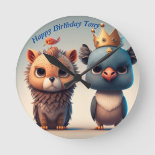 Cute two wild animal friends round clock