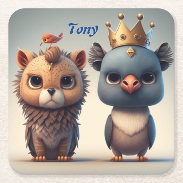Cute two wild animal friends  square paper coaster (Front)