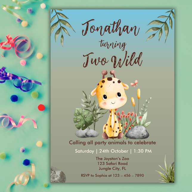 Cute Two Wild Safari Giraf Kids 2nd Birthday  Invitation (Creator Uploaded)