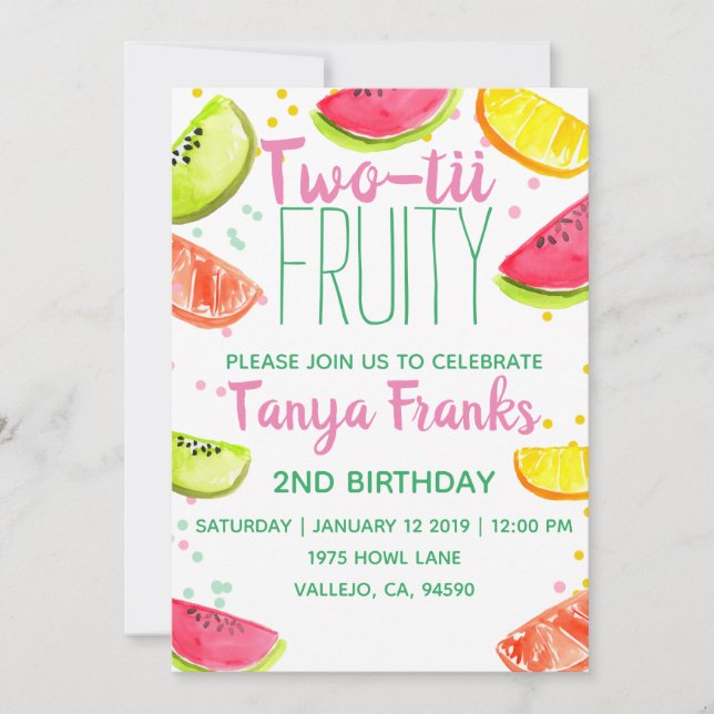 Cute twotii fruity 2 year old birthday invitation (Front)