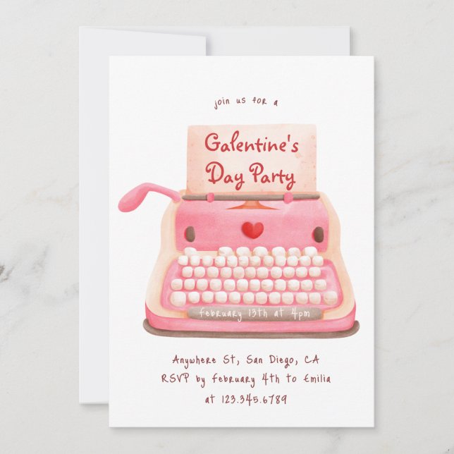 Cute Typewriter Hearts Galentine's Day Party  Invitation (Front)