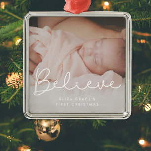 Cute typography Believe Baby's first Christmas Metal Tree Decoration