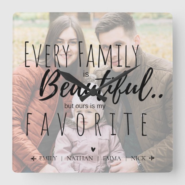 Cute Typography Family is Beautiful Family Photo Square Wall Clock (Front)