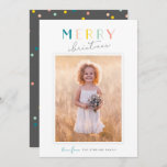 Cute Typography "Merry Christmas" Rainbow Photo Holiday Card<br><div class="desc">Cute,  customisable family photo card with "Merry Christmas" in friendly lettering and confetti on the back,  in trendy pastel rainbow colours: teal blue,  pink,  yellow,  green,  & coral.</div>