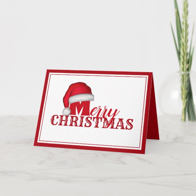 Cute Typography Merry Christmas Santa Hat Holiday Card (Front)
