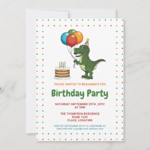 Cute Tyrannosaurus Rex Colourful Birthday Balloons Invitation