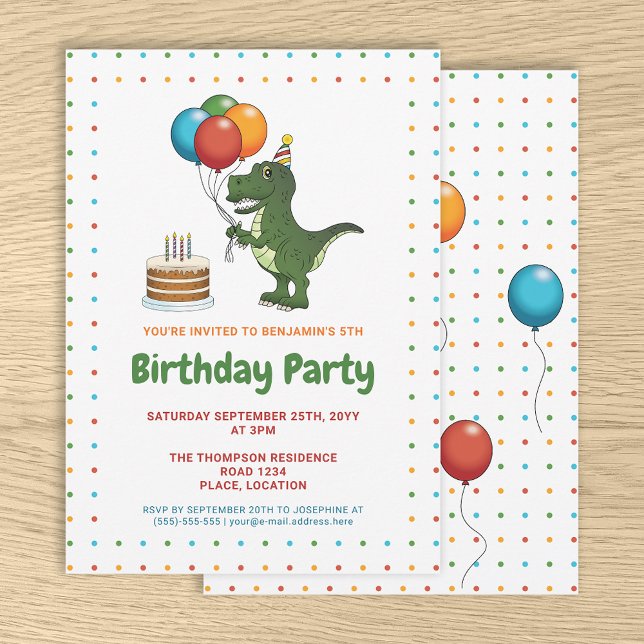 Cute Tyrannosaurus Rex Colourful Birthday Balloons Invitation (Creator Uploaded)