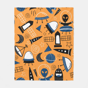 Cute ufo alien spaceships, planets, galaxies seaml fleece blanket