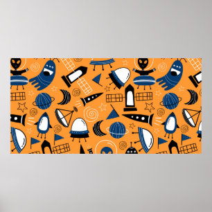 Cute ufo alien spaceships, planets, galaxies seaml poster
