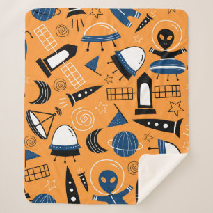 Cute ufo alien spaceships, planets, galaxies seaml sherpa blanket