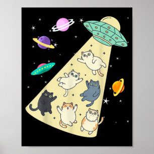 Cute UFO Cat Abduction Cartoon Space Cats Funny Poster