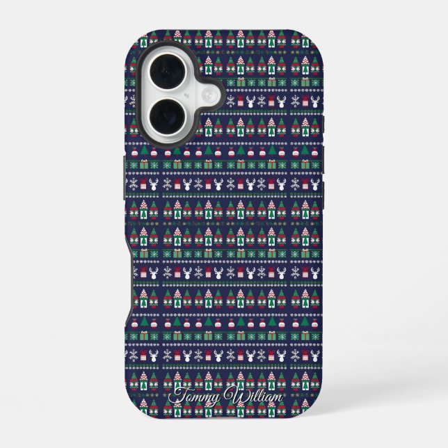 cute ugly christmas sweater pattern iPhone 16 case (Back)
