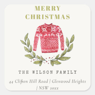 Cute Ugly Sweater Christmas Winter Red Address Square Sticker