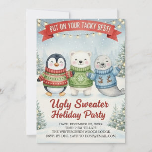 Cute Ugly Sweater Holiday Party Penguin Polar Bear Invitation