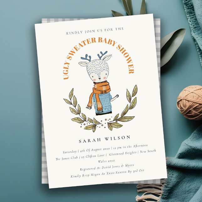 Cute Ugly Sweater Leaf Reindeer Baby Shower Invite (Creator Uploaded)
