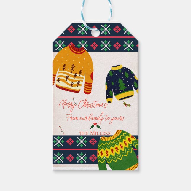 Cute Ugly Sweater Pattern Merry Christmas Gift Tags (Front)