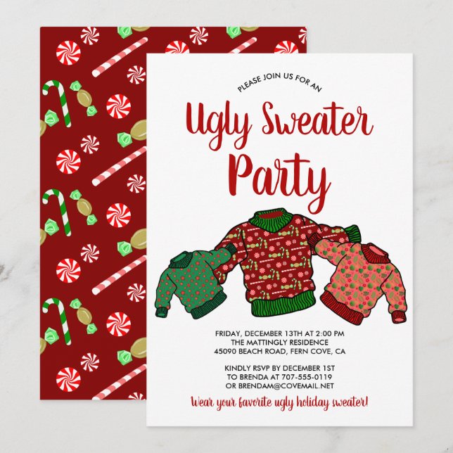 Cute Ugly Sweater Winter Candy Cane Holiday Party Invitation (Front/Back)