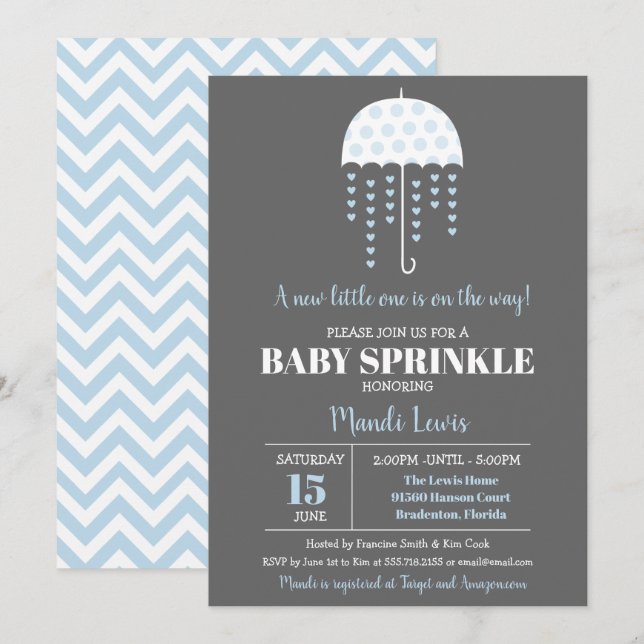 Cute Umbrella Blue Baby Sprinkle or Baby Shower Invitation (Front/Back)