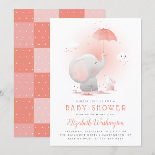 Cute Umbrella Elephant & Bunny Girl Baby Shower Invitation
