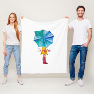 Cute Umbrella Girl Watercolor Monogrammed Fleece Blanket