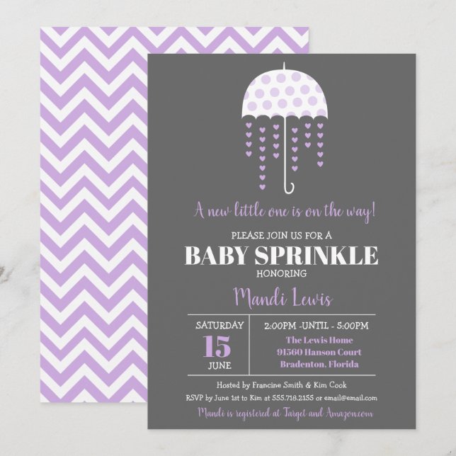 Cute Umbrella Lavender Sprinkle or Baby Shower Invitation (Front/Back)