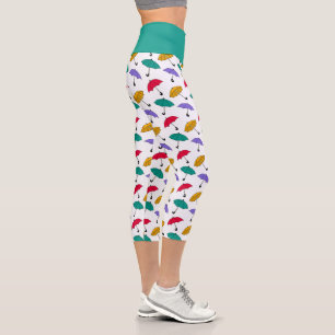 Cute Umbrella Rainy Day Pattern Teal Yoga Exercise Capri Leggings