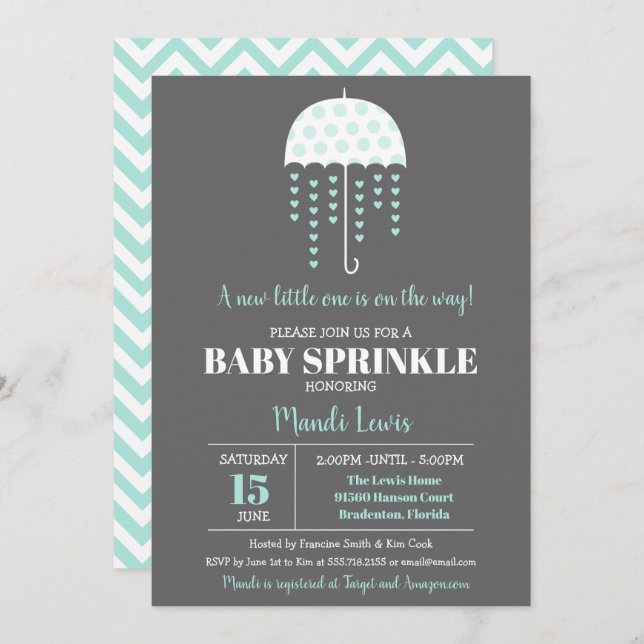 Cute Umbrella Turquoise Sprinkle or Baby Shower Invitation (Front/Back)