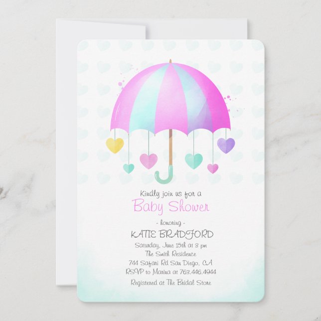 Cute umbrella with colourful hearts baby shower invitation (Front)
